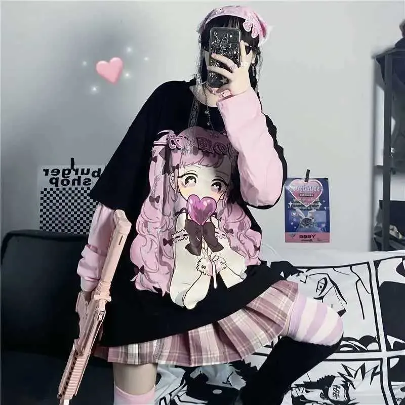 Manga Longa Anime Kawaii Hoodie Roupas Primavera Outono Hip Hop Japonês Feminino Solta Harajuku Mulheres Sueter e Menina Roupas S0806