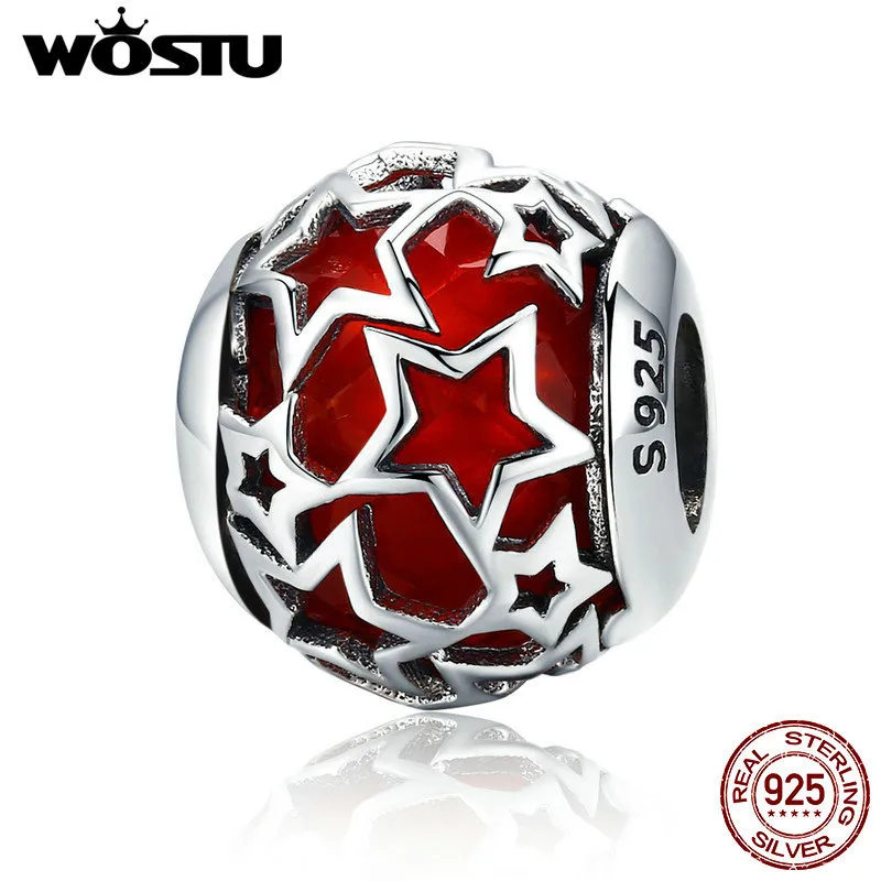 Wostu Authentic 100% 925 Sterling Silver Shimmer Star Red Crystal CZ Pärlor Fit Kvinnor Armband Bangles Smycken Gift Q0531