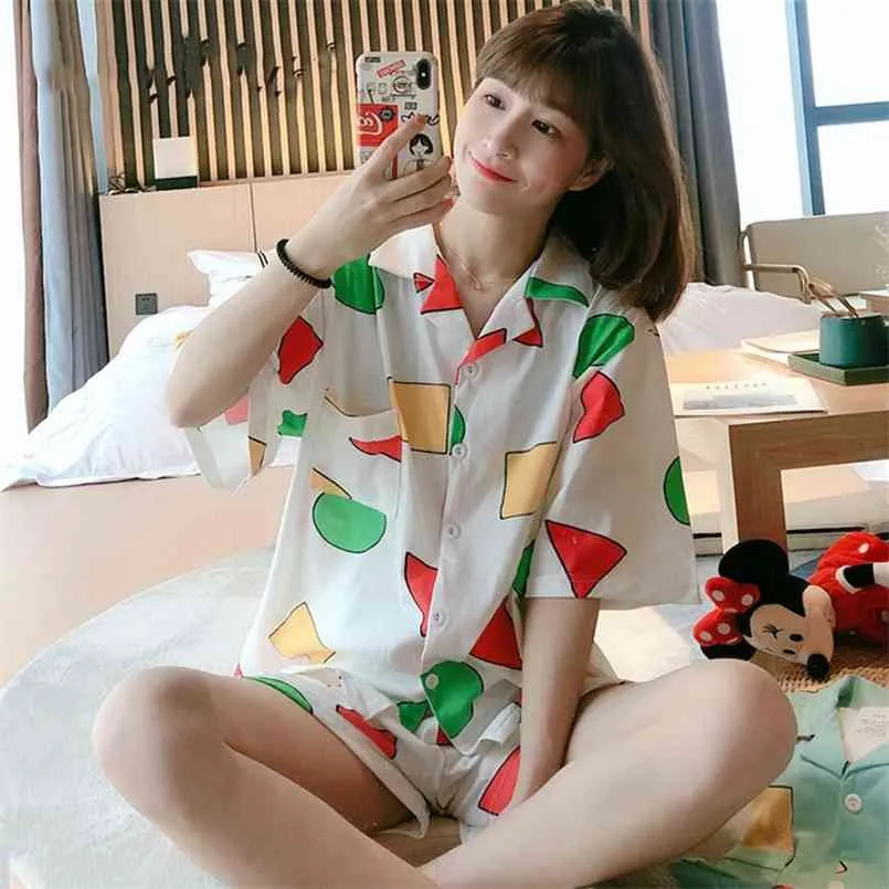 夏の半袖Sinchan Pajamasセット女性の綿の寝室2pcsナイトウェアかわいいプリントホームウェアパジャマSinchan 210809