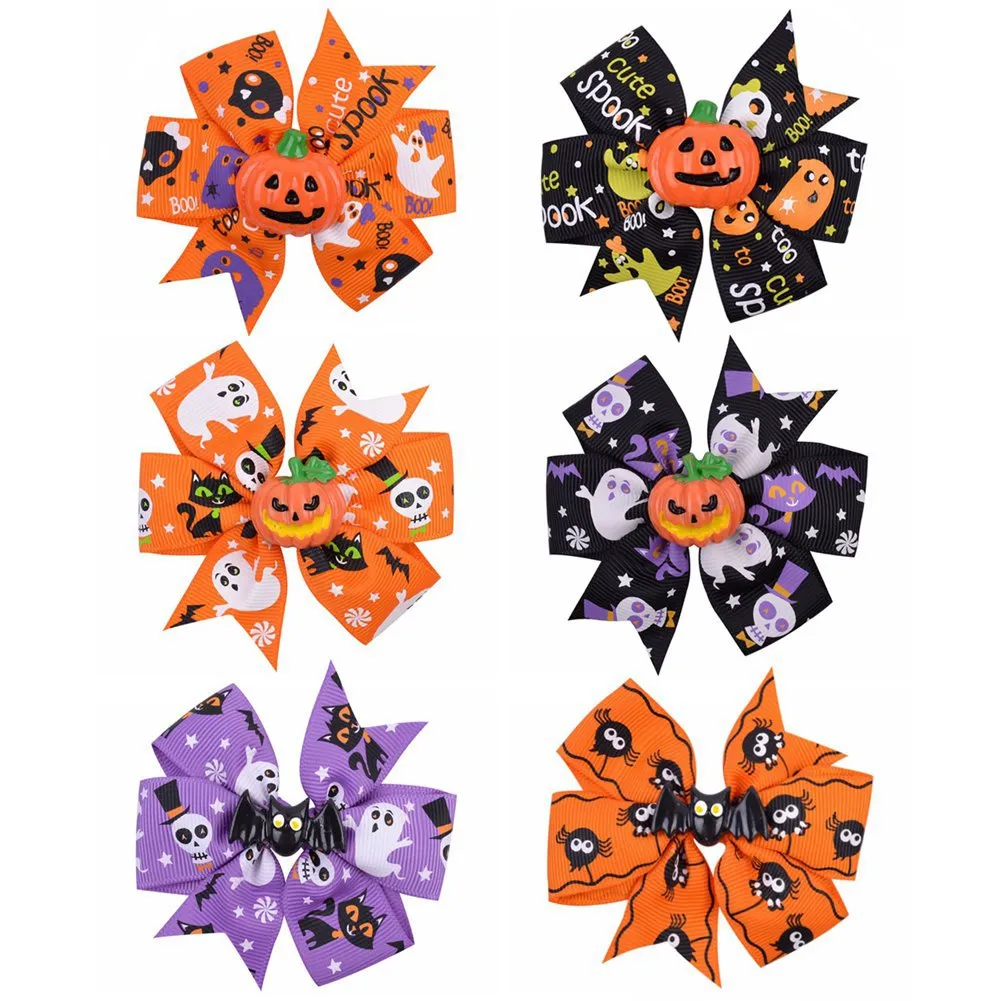 Baby Halloween Grosgrain Ribbon Bows with Clip Girls Kids Ghost Pumpkin Girl Pinwheel Hair Clips HairPin Accessories 4 styles