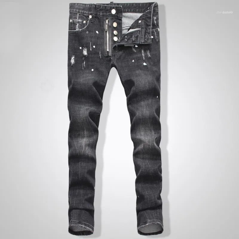 メンズジーンズトップバイカーオイルプリントクラシックメンズファッション高品質スキニーパッチワークデニムD2Jeans MAN14671