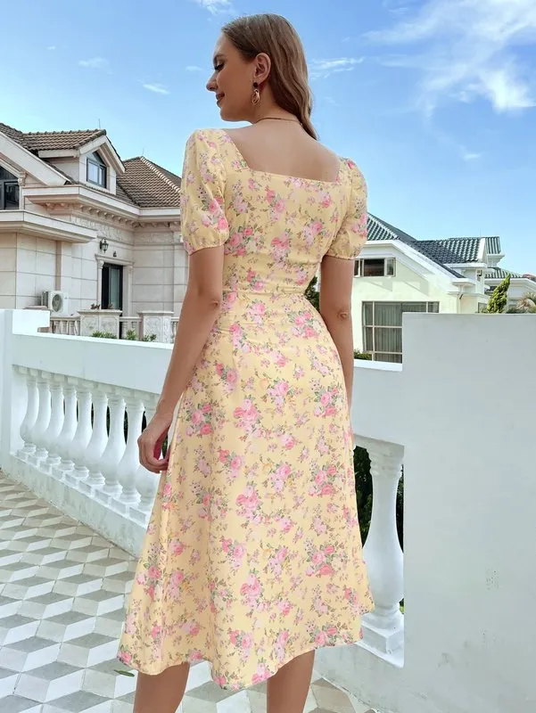 Floral Milkmaid Floral Dress for Women with Split Thighline - She