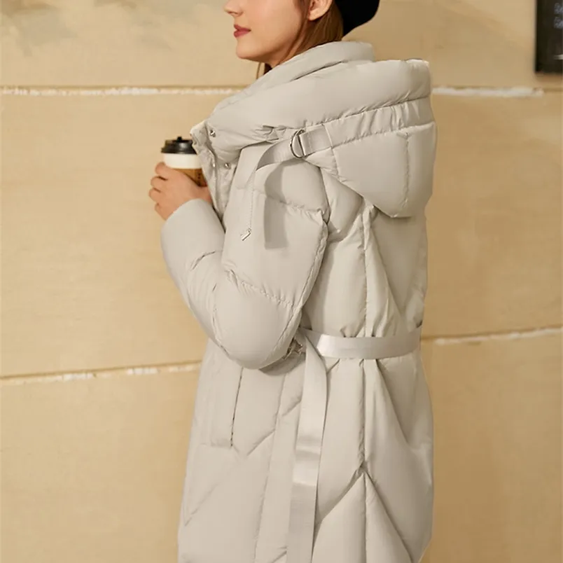 Minimalism Vinter Kvinnor Down Jacket Mode Hooded Solid 90% Vit Anka Bälte Toppar 12040823 210527