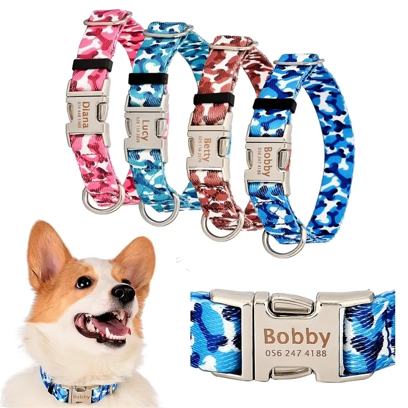 Collare personalizzato per cani in nylon Personalizzato Personalizzato Collars Inciso ID Tag Tag Namplate regolabile per i piccoli cani medi medio cucciolo Y200922