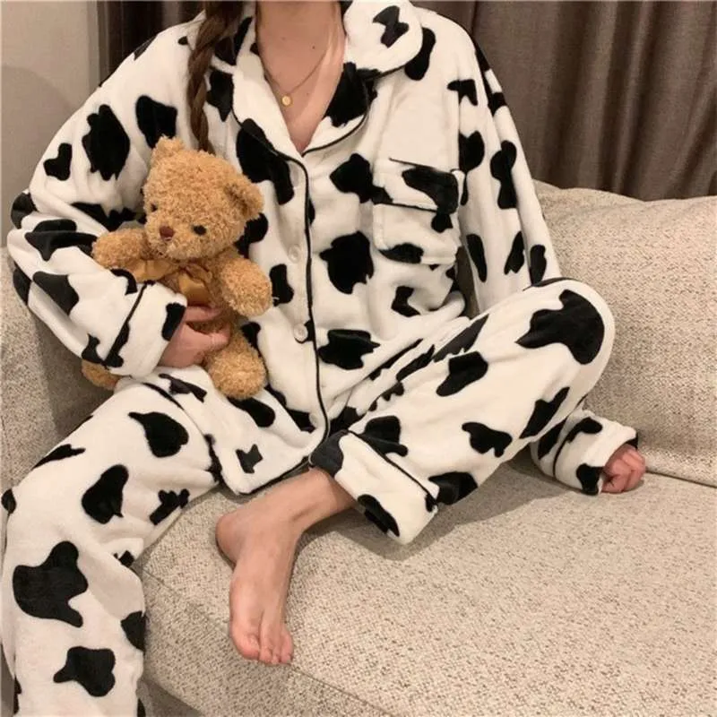 Velvet Cow Print Winter Pajama Set For Women Warm Two Piece Winter