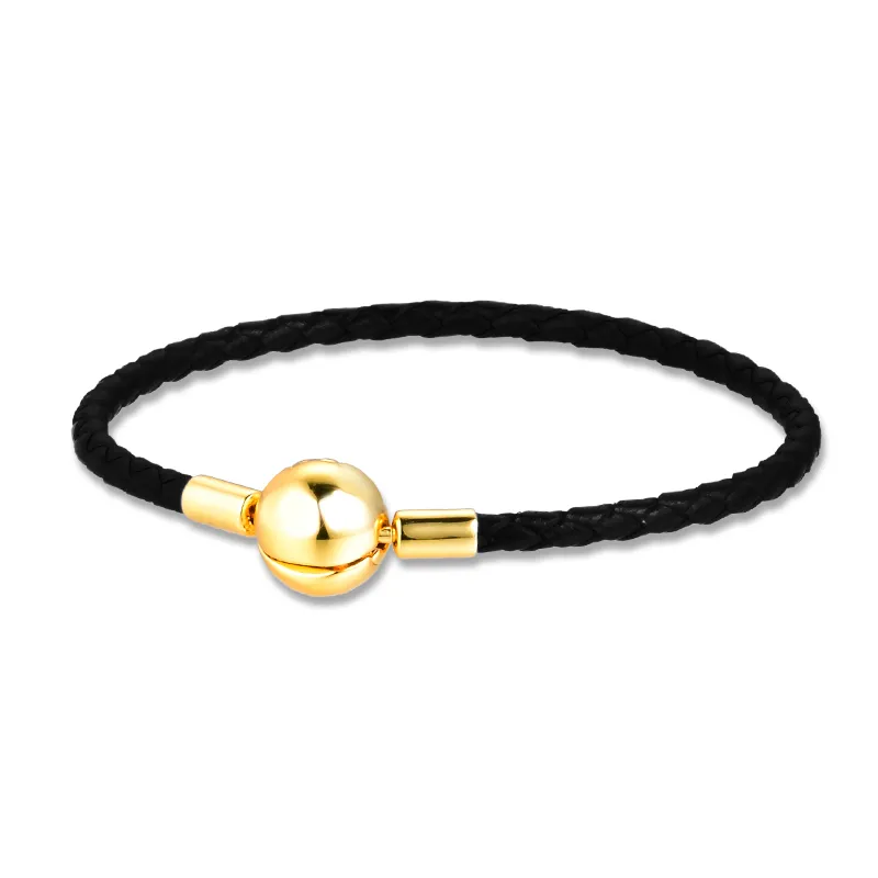 Черные кожаные браслеты золотые бусины женщины серебро 925 ювелирные изделия цепь заплетенные веревочки DIY подвески браслет