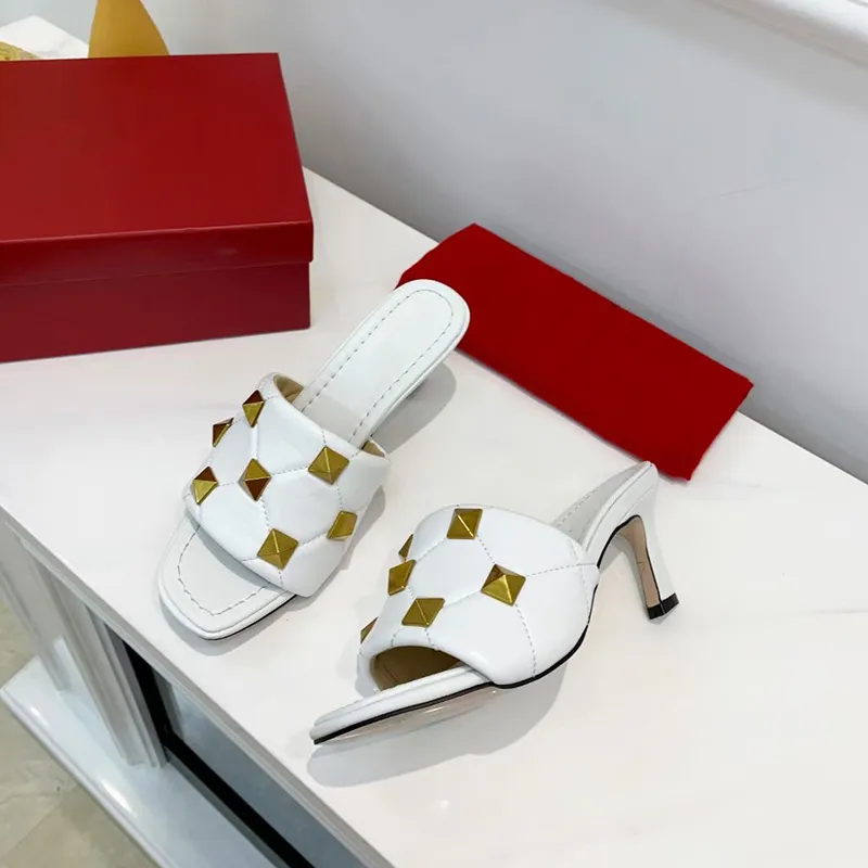 Designer Roman Stud Slide Sandal Women 65mm High Heels Nappa Rivet Flat Slippers Ladies Wedding Summer Shoes Big Size With Box 269
