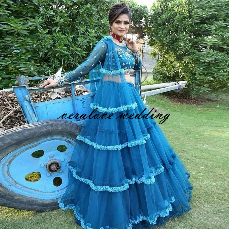 レディースのためのレディースの青いインドのイブニングドレスのための形式のvestido de fiesta de boda blueインドのイブニングドレス