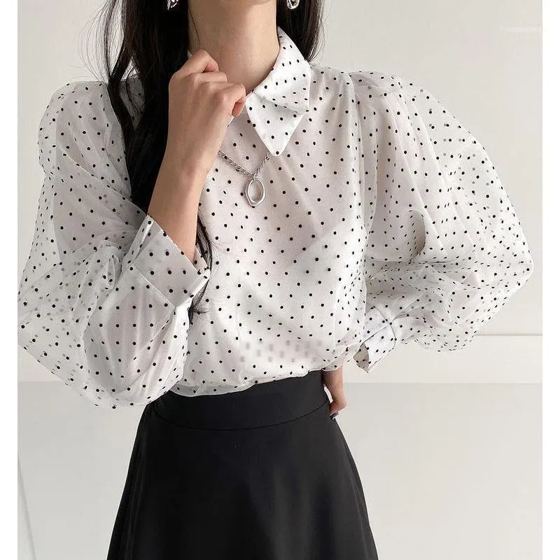 Kadın Bluzlar Gömlek Kadınlar Polka Dot Retro Bluz Bayan Erken Sonbahar Modern Mesh Gömlek See-through Gevşek Zarif Puf Kolları H Tops