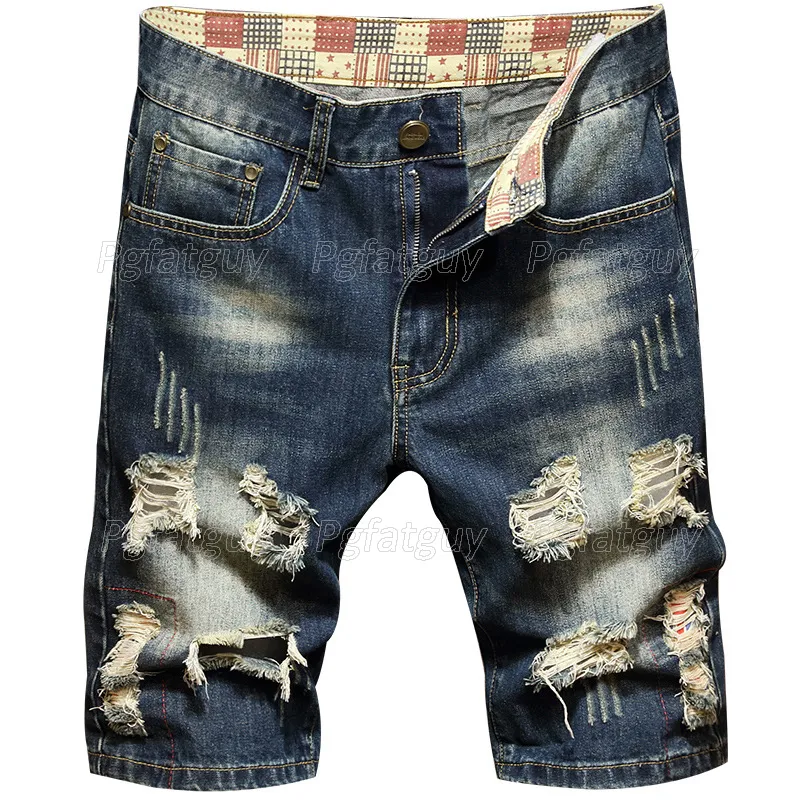 Retro Blue Summer Denim Shorts 2021 Mäns Slim Fit Short Jeans Five-Point Ripped Hole Casual Pants Male Brand Clothing