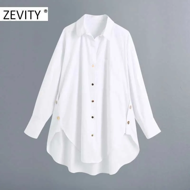 Zevity Women fashion golden buttons white smock blouse ladies long sleeve business shirt chic femininas blusas tops LS7218 210603