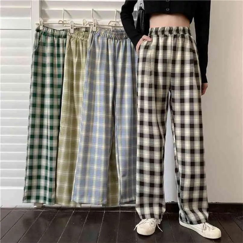 Plaid Pant's Summer Korean Japanese Loose Thin Wide Leg Versatile Straight Casual Trend 210915