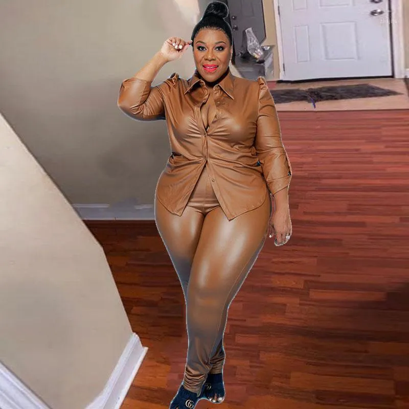 Plus Size Tracksuits Sets Women Clothing Two Piece Set Leather Ladies Suits Fall Long Sleeve Tops And Pants Outfits Wholesale Drop