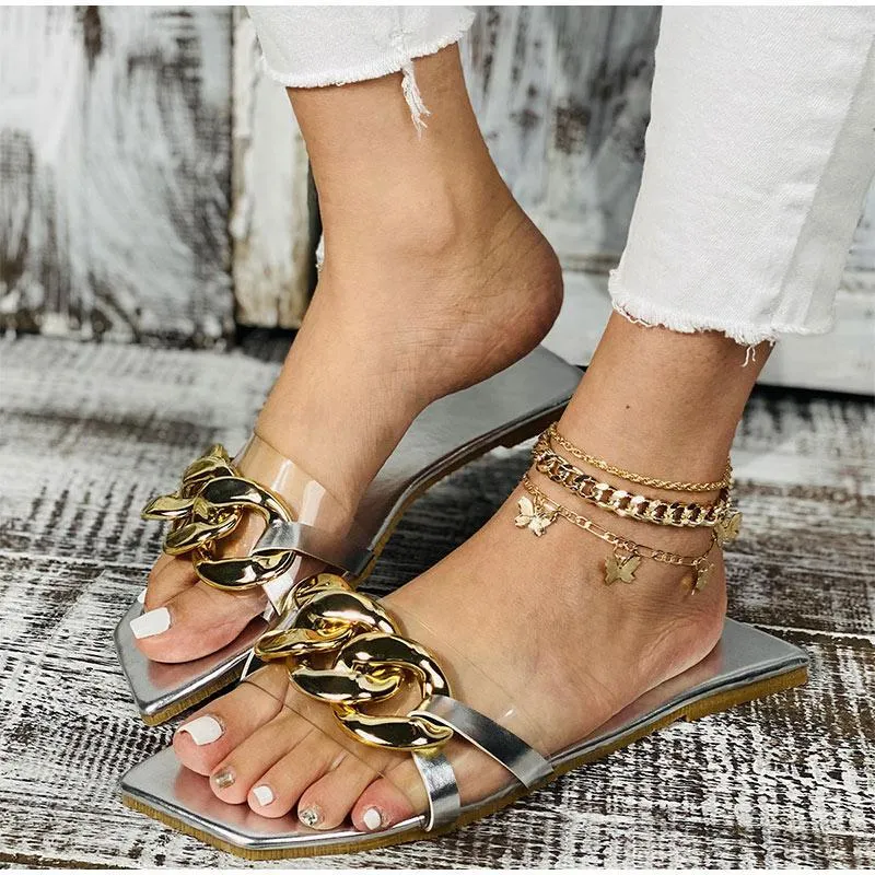 Chaussures d'été Sorphio Open Toe Golden Slip on Outdoor Brand Women Ins Hot Metal Chain Flat Plats F Pers
