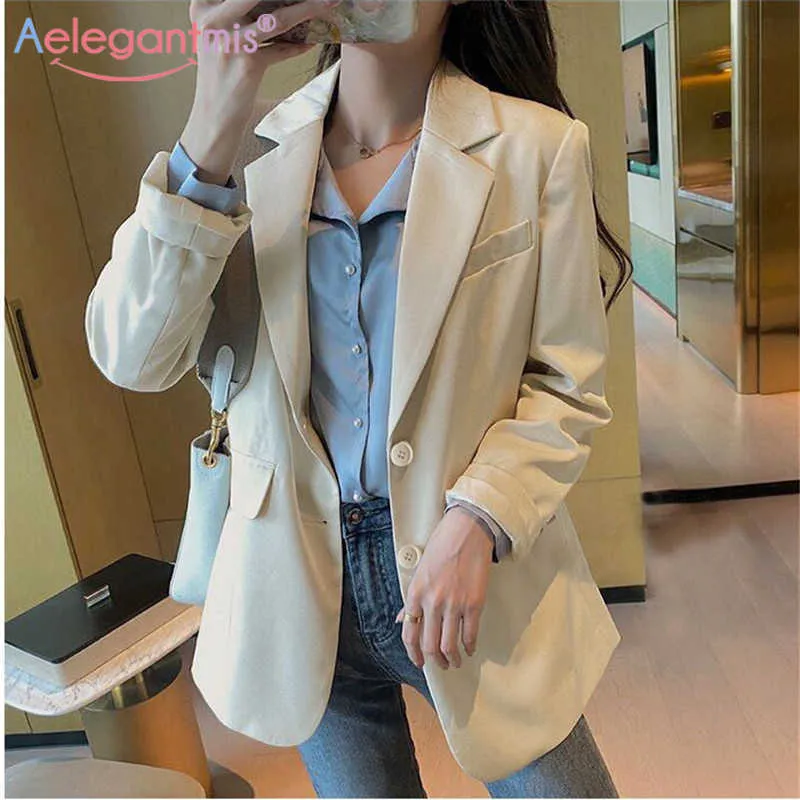 Aelegantmis Spring Long Femmes Blazer Veste Bureau Lady Casual Slim Blazers Solide Travail Costume Manteau Femelle Survêtement 210607