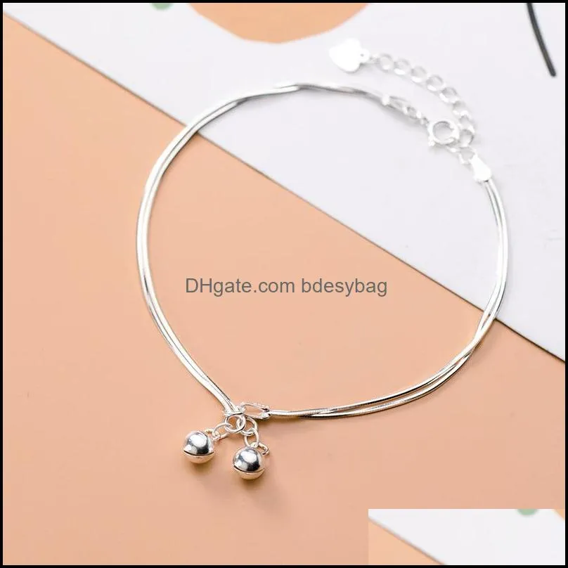 925 Sterling Silver Korean Simple Style Cute Bell Double Chain Bracelet for Women Lady Daughter Jewelry
