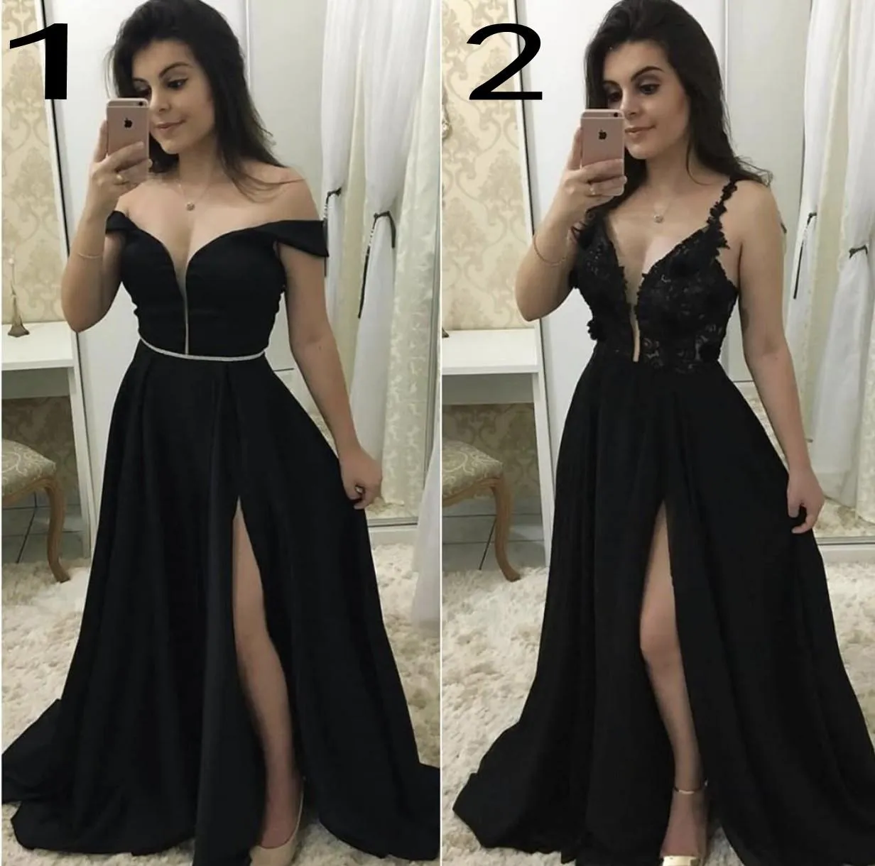 Two Styles Black A Line Prom Vestidos laterais laterais Apliques de renda lateral fora do ombro vestido formal vestidos de festas noturnos vestidos de festa vestidos