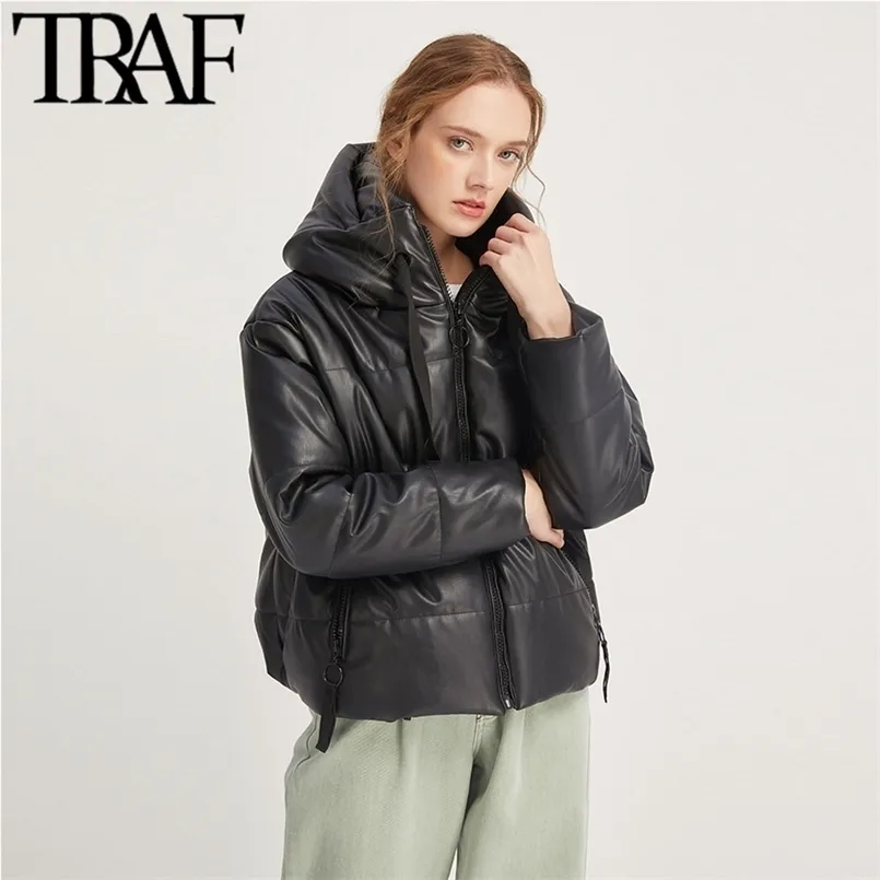 TRAF Mujeres Vintage Cálido Invierno Chaqueta de cuero de imitación Abrigo acolchado Moda Manga larga Bolsillos con cremallera Cordón PU Outerwear Chic Tops 210916