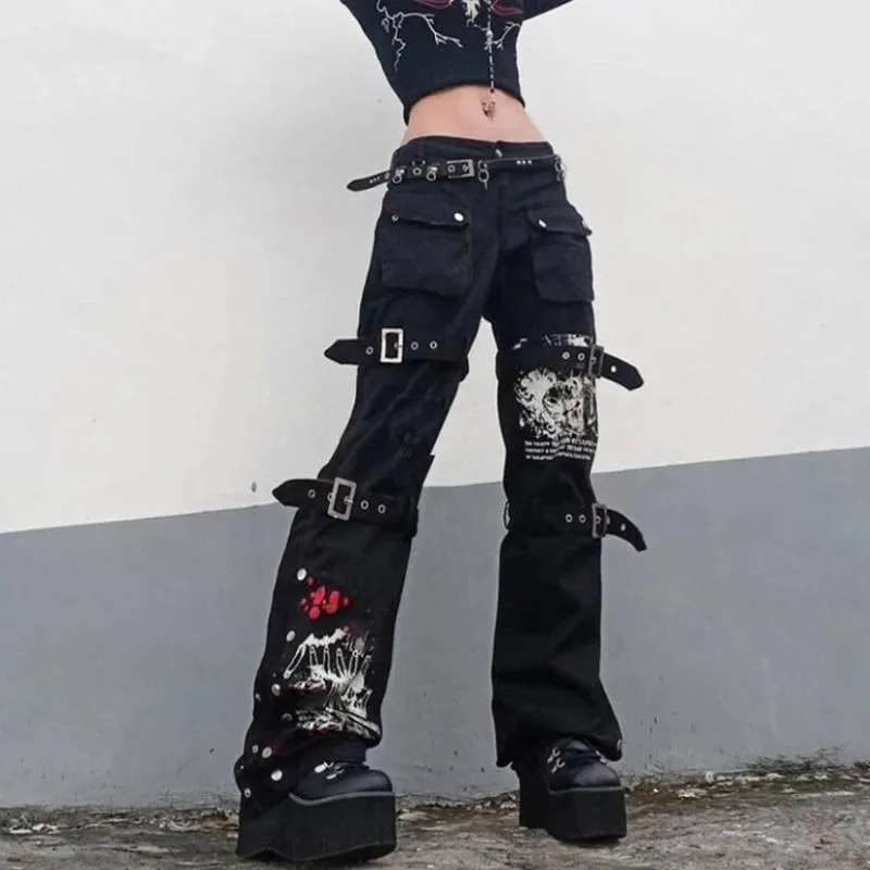 Frauen Jeans Y2K Punkschädel Black Verband Schnalle Harajuku hohe Taille große Taschenhose Goth Mall Grunge Cargo Hosen P856