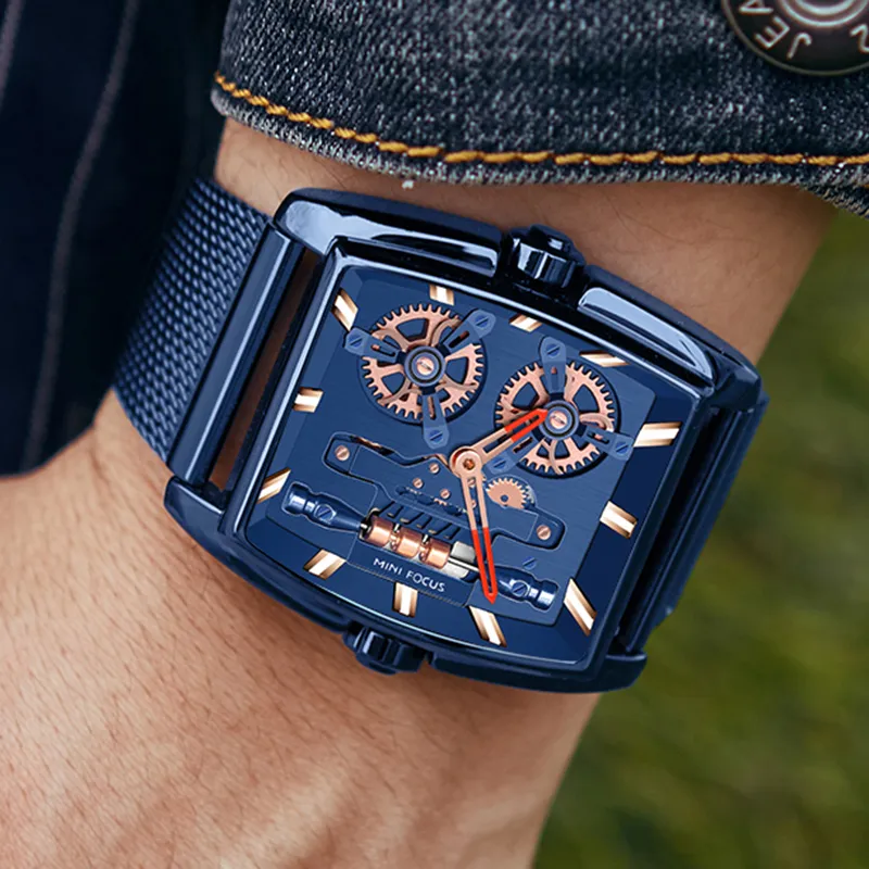 Преувеличенные большие большие часы мужчины уникальные дизайнерские кварцевые часы мужской тяжелый полный стальной ремешок на запястье синий