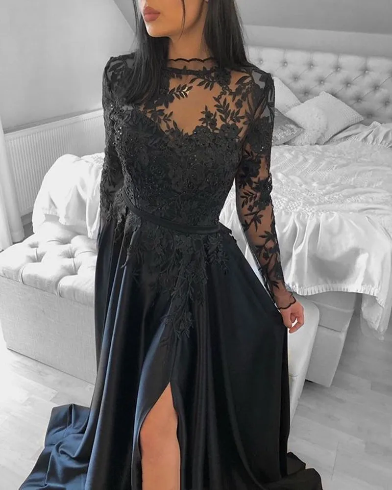 Sexy Illusion Long Sleeve Evening Dresses Lace A-Line Appliques Beads Black Formal Occasion Gowns Split Satin Prom Dress Robe Soirée Pageant Wear For Women Girls