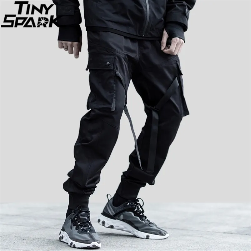 Hip Hop Streetwear Spodnie Cargo Pocket Men Harajuku Harem Pant Swag Wstążka Joggers Black Hiphop Dresy High Street 210715