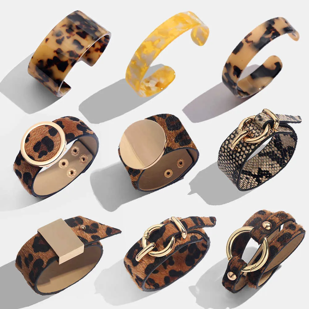 Flatfoosie моды za leopard браслеты bancle для женщин boho золотая цветная кнопка старинные кожаные браслет рождественские панк ювелирные изделия Q0719