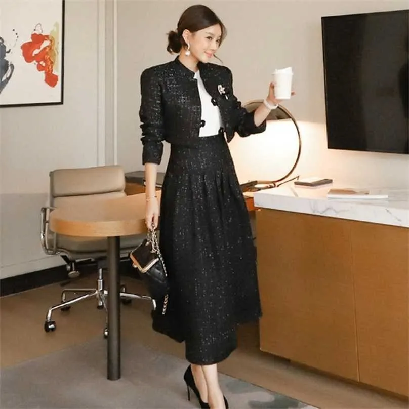 Autumn Winter Womens Two Piece Set Tweed Short Jacket A Line