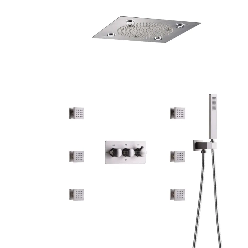 Geborsteld nikkel warme en koude douchemengkraan 32x32 cm LED badkamer regenval verstuiving Mmassage douchesysteem