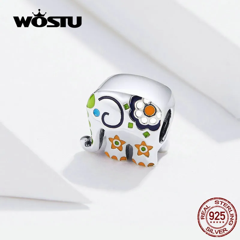 WOSTU 925 Sterling Zilver Kleurrijke Happy Elephant Beads Emaille Charms Fit Originele Armband Hanger Mode-sieraden Gift FNC095 Q0531