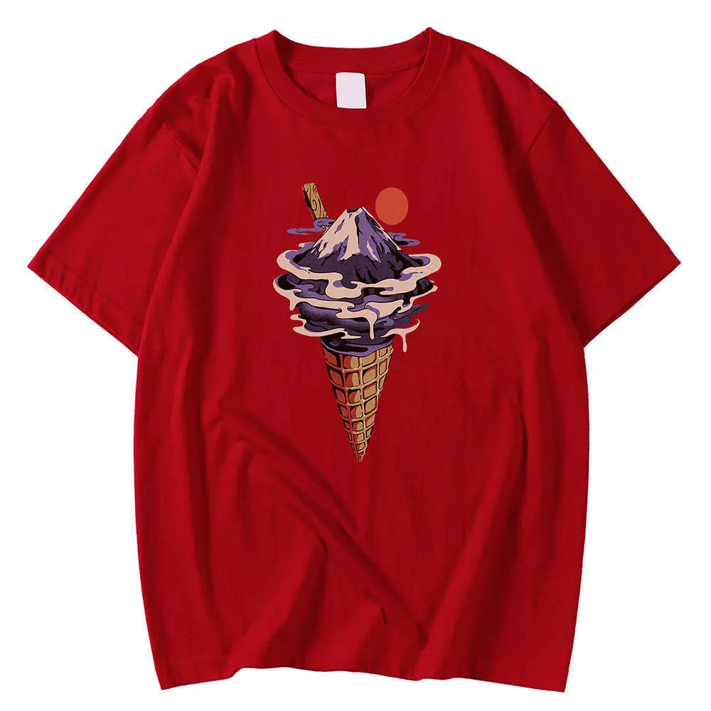 Nefes Gevşek Erkek Tee Gömlek Büyük Boy Tişörtleri Fuji Dağ Lezzet Dondurma Baskı Giyim Kısa Kollu T-Shirt erkek Y0809