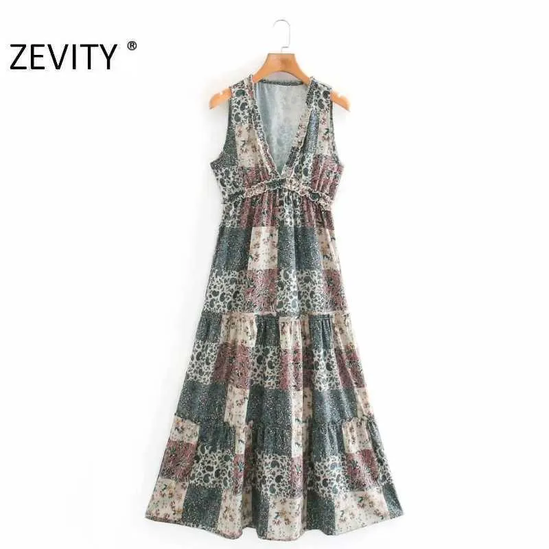 Zevity Women Vintage Koronki Agielskie V Neck Cloth Patchwork Print Casual Slim Sukienka Kobiet Rękaweres Vestido Sukienki Chic DS4503 210603