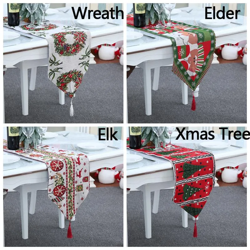 Christmas Cartoon Elk Table Runner Decoration Santa Claus Knit Dining Desk Cloth Tassels Xmas Tree Family Party Gift Kitchen BH4864 WLY