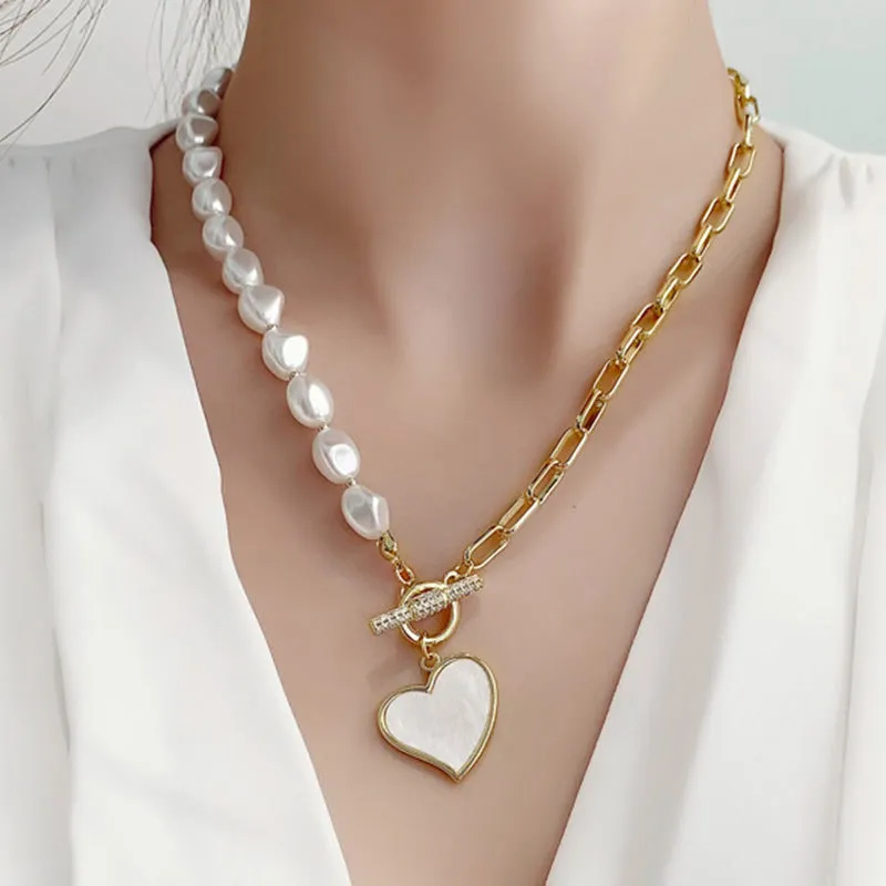 KMVEXO Elegant Enamel Heart Pendant Necklace Women 2021 Summer Baroque Pearl Asymmetric Chains Toggle Clasp Necklaces Jewelry