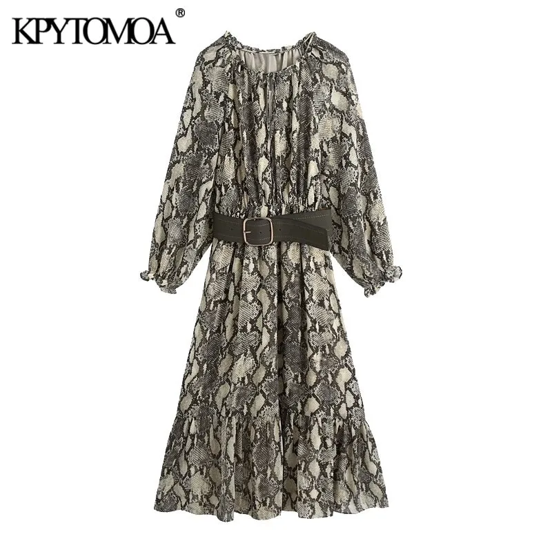 KPYTOMOA Frauen Chic Mode Mit Gürtel Schlange Drucken Rüschen Midi Kleid Vintage Langarm Elastische Taille Weibliche Kleider Mujer 210303