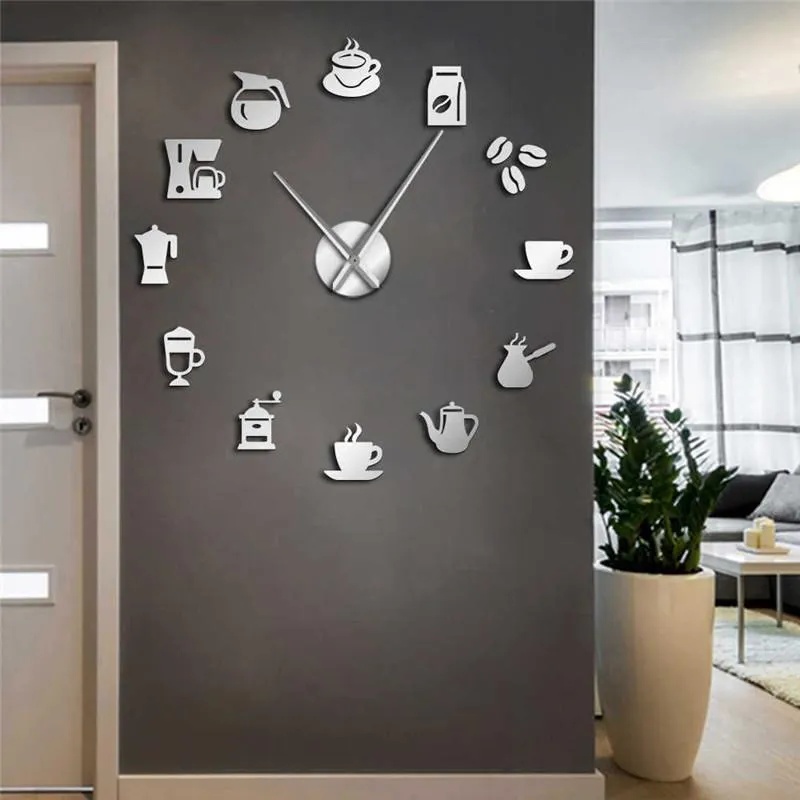 Horloges murales DIY Modern Design Horloge 3D Casse à café Forme Acrylique Accueil Pour la cuisine Dîner Decor Miroir Miroir Horologie silencieux