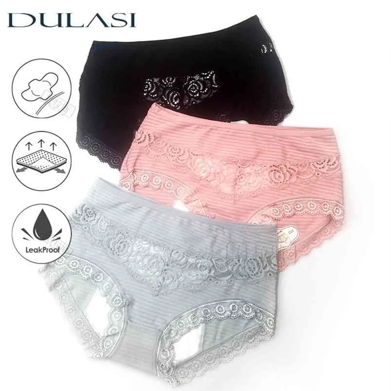 DULASI Leak Proof Menstrual Panties Physiological Pant Underwear Comfort Cotton Lace Solid Color Mid Rise Briefs 9059 210730