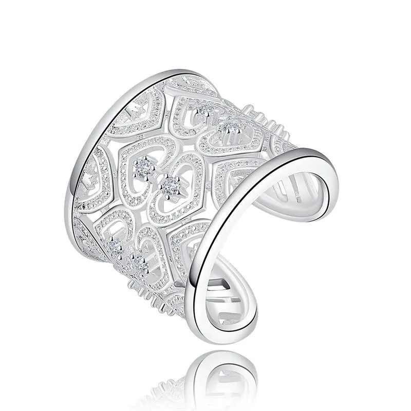 Ringos de cluster 925 Sterling Silver Ring Zircon Hollow em forma de coração aberta para mulher homem de moda de moda jóias casal presente