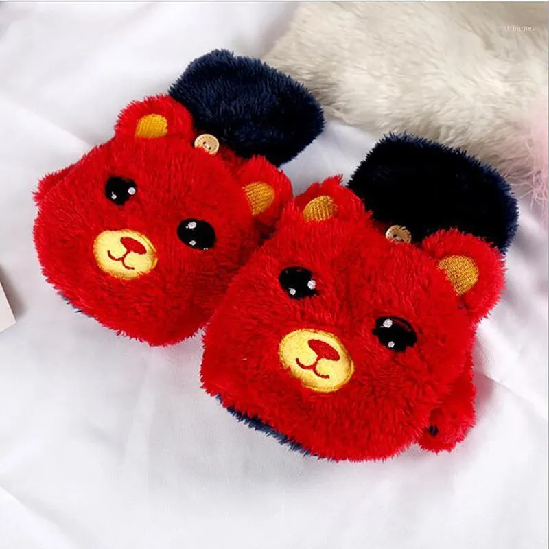 Cute Cartoon Bear Gloves Winter Warm Fashion Finger Half For Women Outdoor Antifreeze Thickening Girls Mittens