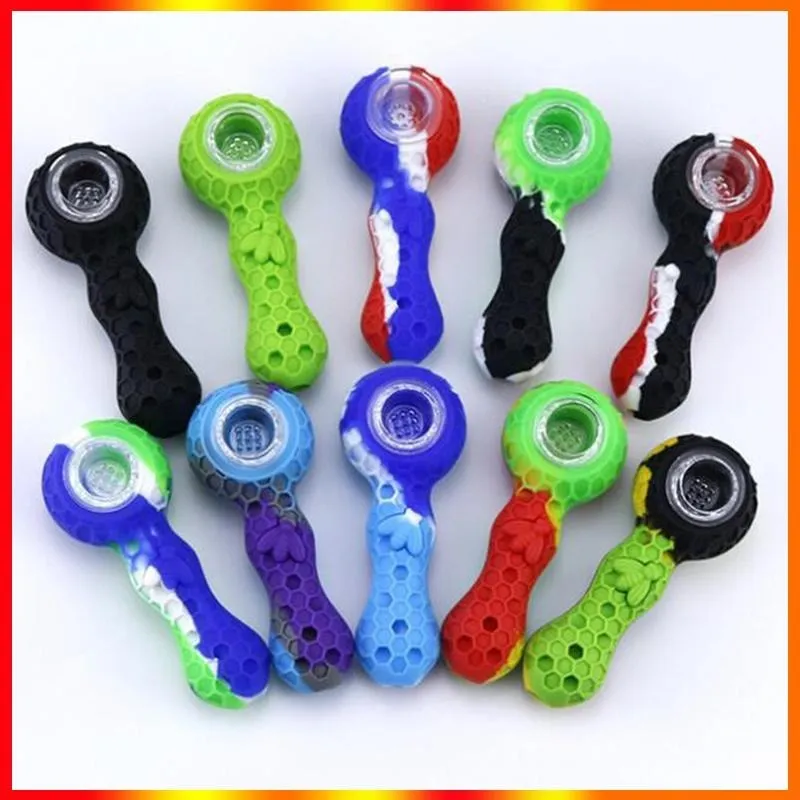 Water pipe Bees Silicone Travel Tobacco Pipes Spoon Cigarette Tubes Glass Bong Dry Herb Accessories Smoking Pipe