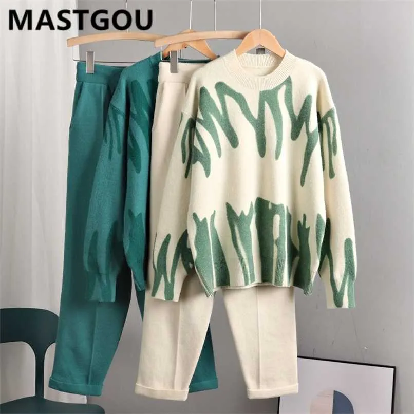 MASTGOU Kaschmir Frauen Pullover Trainingsanzüge Tie Dye Strick Zwei Stücke Bleistift Hosen Sets Übergroße Lose Pullover Anzüge Kleidung 211116