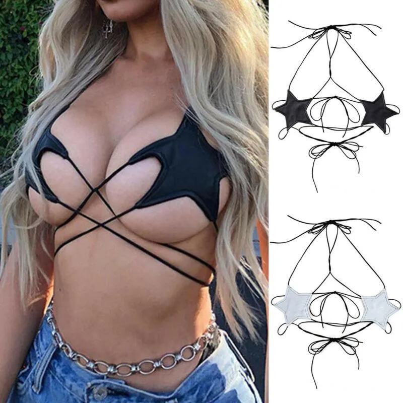 Женские танки Camis Женщины 2021 Звезда Степень Кружева Push Up Bral Bustier Жилет Урожай Топ Bralette Cool Girl Diy Bandage Cross Sexy Tops Streetwe