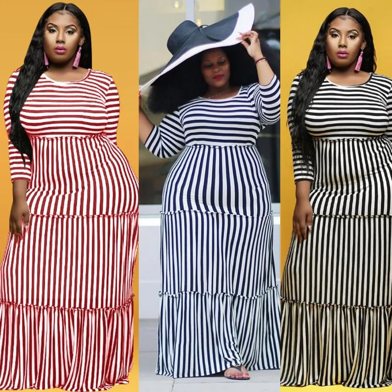 Casual Dresses Plus Size 4XL White Black Striped Dress Women Summer Long Maxi Boho Ruffles Sleeve Vintage Vestidos Autumn