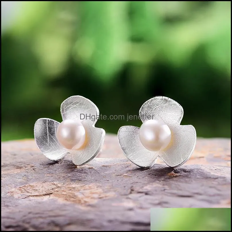 Lotus Fun Real 925 Sterling Silver Natural Pearl Earrings Fine Jewelry 18K Gold Clover Flower Stud Earrings for Women Brincos Y1220