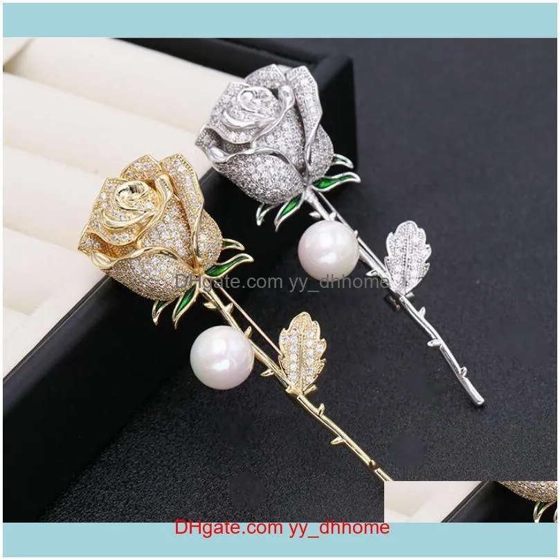 Broches, broches bijoux de luxe haut de gamme 18 carats plaqué or perle rose fleur bijoux mode sexy femmes broche de haute qualité brillant zircon broches aes