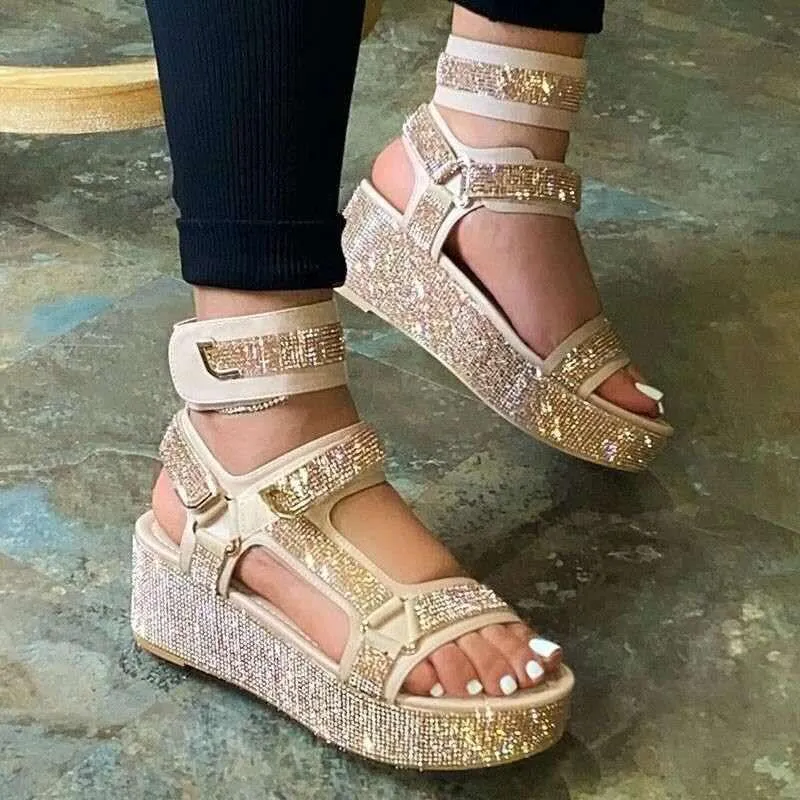 OIMG Shiny Rhinestone Platform Bling Sole Ankle Strap Women Sandals Ladies Sports Style leisure beach Shoes summer new