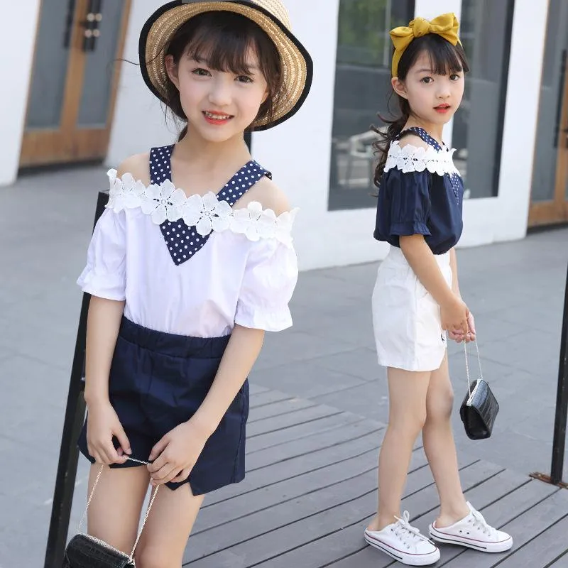 服セット女の子服夏の子供ベビーオフショルダー Tシャツ + リボンショートパンツ 2 個子供服セット 8 9 10 12 年