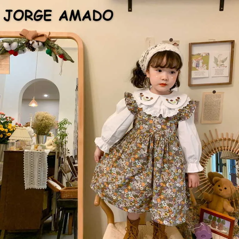 Primavera estilo coreano bebé 2-pcs conjuntos bordado peter pan colarinho vestido + macacão floral crianças roupas e693 210610