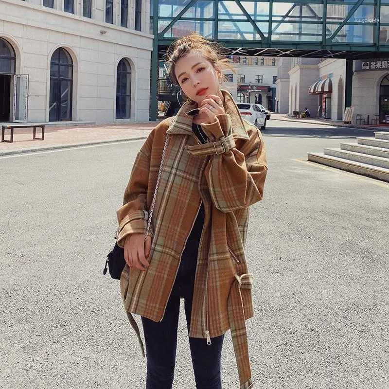 Winter Motorcycle Short Plaid Wool Coat For Women Loose Vintage Fashion Casual Blends Jacket Overcoat Female Korean Outerwear1