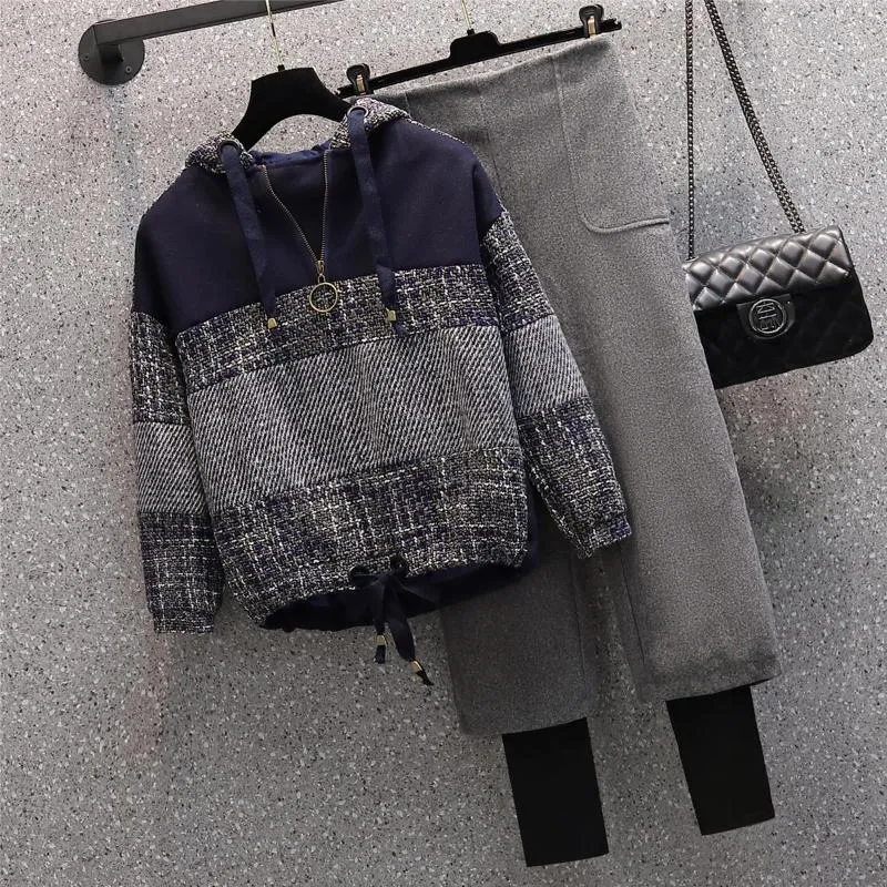 Frauen Zwei Stück Hosen 2021 Herbst Stricken 2 Set Frauen Kontrast Tweed Mit Kapuze Sweatshirt + Breite Bein Outfits Hosen anzüge Chic